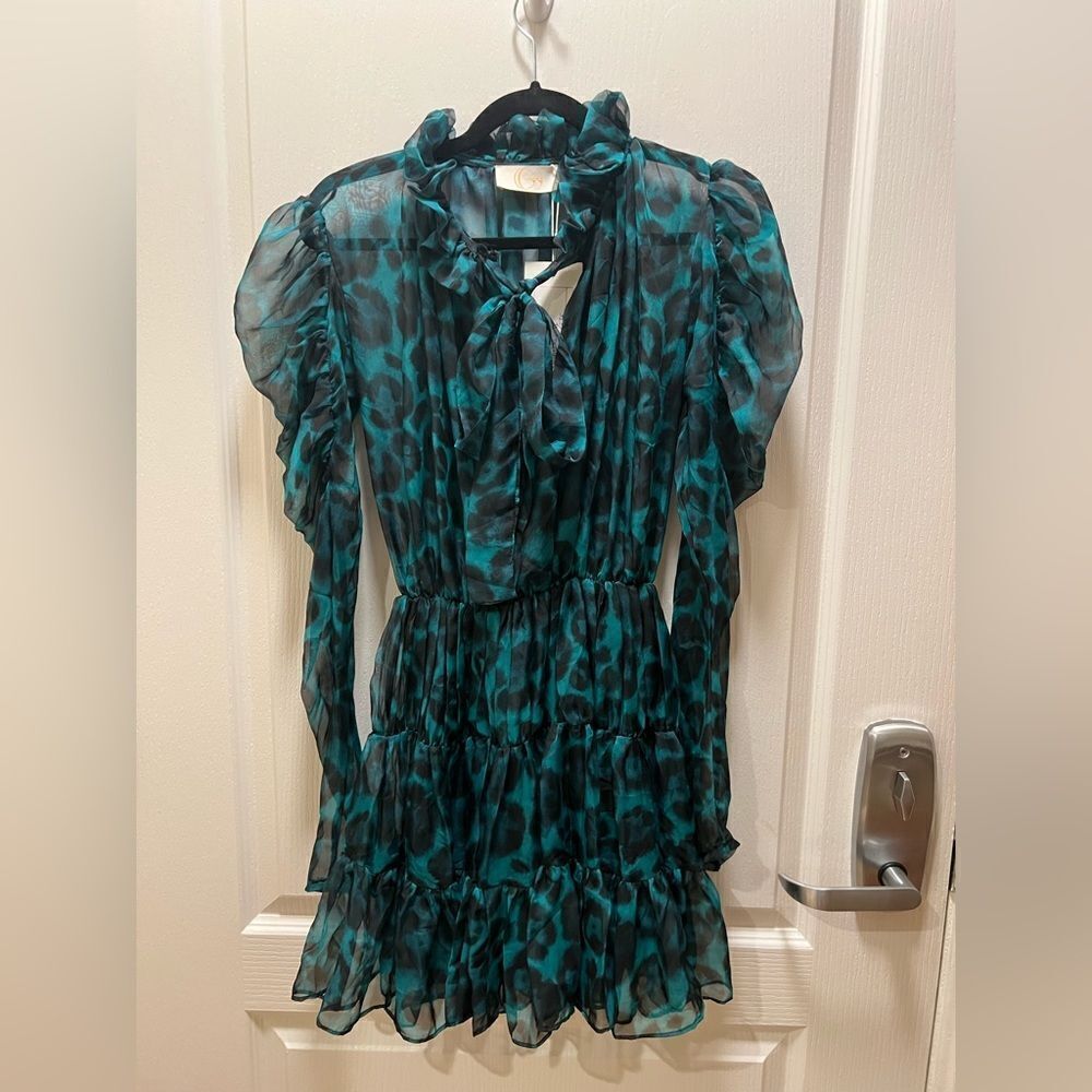 Gigii's MOLLY Draped mini chiffon Mini dress size S Green & Black tiger Print - Picture 4 of 7